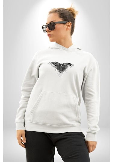 3 Gözlü Kuzgun Kadın Erkek Beyaz Kapüşonlu Sweatshirt Hoodie Beyaz