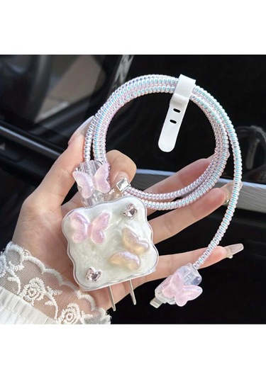 Iphone 18w/20w Uyumlu Şarj Kablosu Ucu Ve Şarj Başlığı Kılıfı Kelebekler