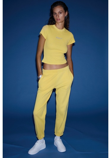 Lıora  Kadın 2'li Set Comfort Fit Desenli Dokulu Kumaş Lastikli Paça Hardal Eşofman Takımı