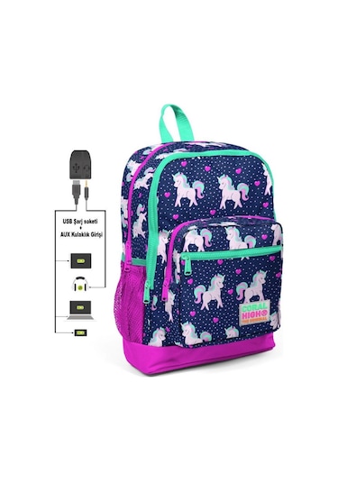 Coral High Kız Çocuk Unicorn Desenli İlkokul Çanta Seti - Usb Ve