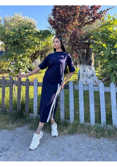 Laci %100 Pamuk Yandan Çizgili Midi Takım Lacivert