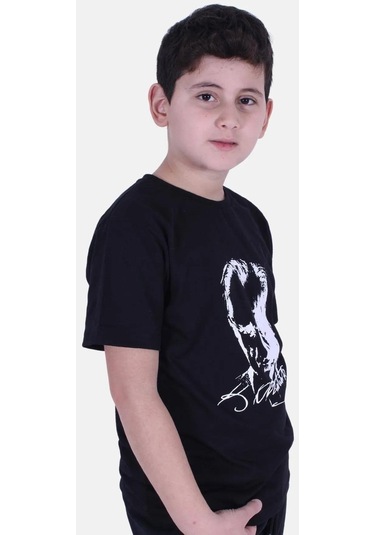 Atatürk Baskılı İmzalı Siyah Unisex Çocuk T-shırt-siyah Siyah