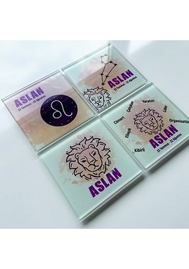 Decorita Cam Bardak Altlığı Burçlar - Aslan Burcu 4'lü Takım Çok Renkli