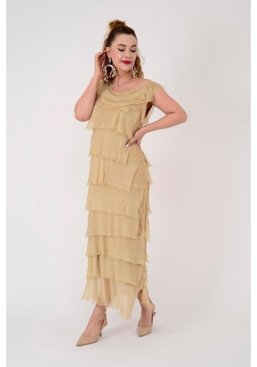 Italyan 2 Beden İnce Gösteren Kat Kat Kolsuz Ipek Elbise Görseldeki