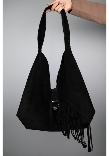 Rosalın Siyah Hakiki Süet Deri Püsküllü Kadın Omuz Çantası Siyah Süet Siyah