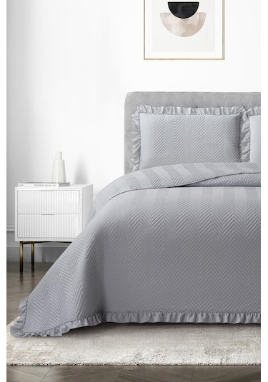 Dubai Elyaf Dolgulu Çift Kişilik 240x260 Cm Yatak Örtüsü Gri Gri