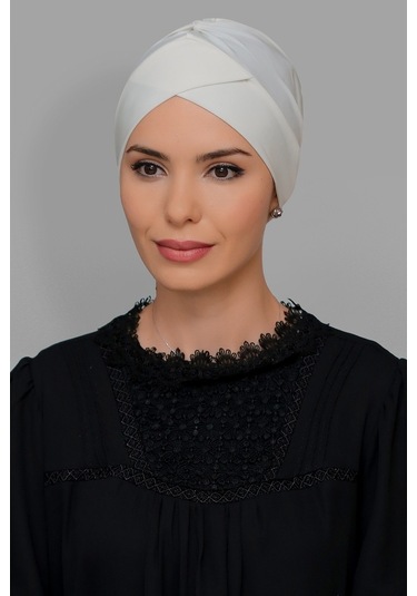 Krem Pratik Hazır Geçmeli Tesettür Bone Sandy Kumaş Çapraz Büzgül (545490439) Krem