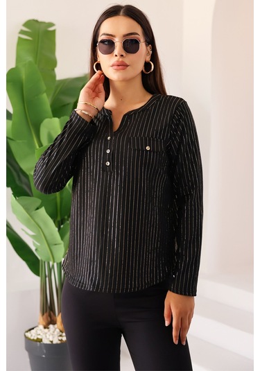 Lupinn Moda Kadın Siyah Simli /sim Parlak Çizgili Cep Detaylı Uzun Kollu Bluz Siyah