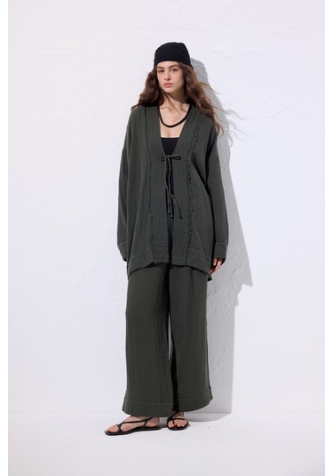 Müslin Geniş Kollu Kimono Koyu Yeşil Koyu Yeşil