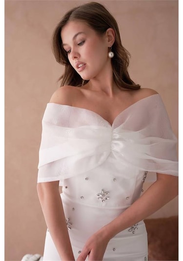 Dip Moda Dipmoda Kadın Beyaz Tül Ve Taş Detaylı Abiye Elbise Dpnbs9372 Beyaz