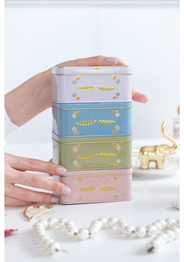 4'lü Set - Fleur Kabartmalı Vintage Metal Saklama Kutusu