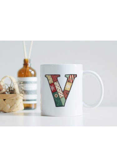 V Harfi Yılbaşı Temalı Kupa Bardak - Yeni Yıl Konsept Yamalı Efekt Tasarım - Noel Hediye Beyaz