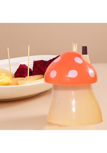 Turuncu Basın Tasarım Otomatik Kürdan Tutucu Toz Geçirmez Büyük Kapasiteli Yaratıcı Mantar Şekilli Masa Kürdan Saklama Kutusu Ev İçin