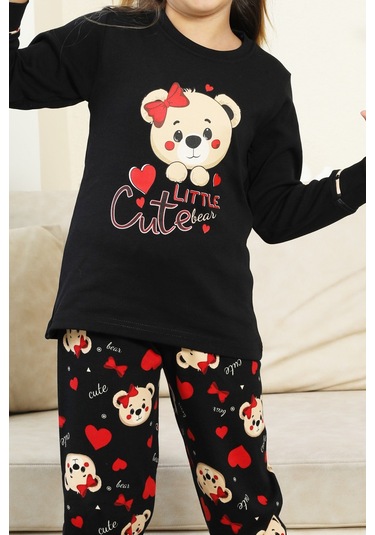 Kız Çocuk Ayıcık Baskılı %100 Pamuk İnterlok Kumaş Pijama Takımı 12347 Siyah