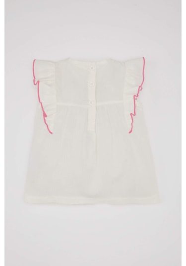 Defacto Kız Bebek Bisiklet Yaka Vual Kısa Kollu Gömlek C5188A524SMER105 Ekru