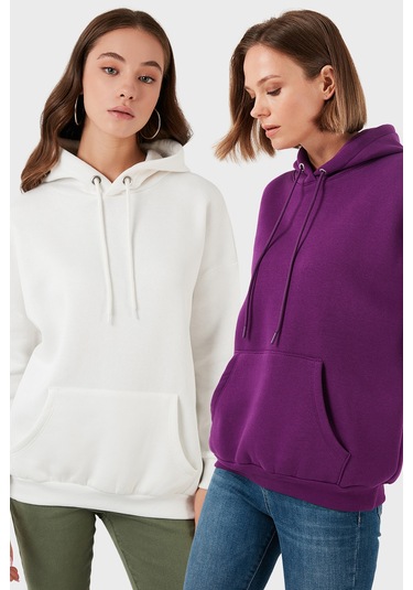 Lela Regular Fit Pamuklu Kapüşonlu Yaka Şardonlu Kışlık 2'Li Paket Bayan Sweat 5863854S2 Ekru-Mor