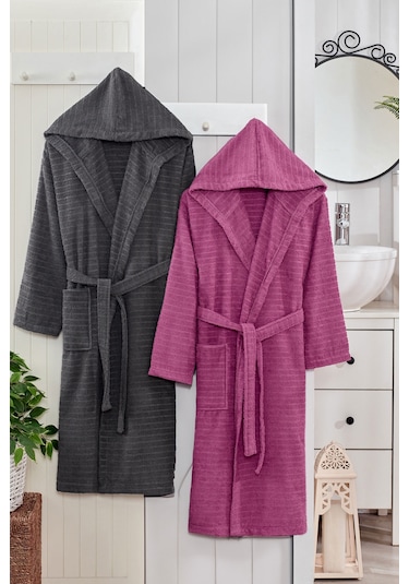 2 Li Kapşonlu Unisex Banyo Bornozu Seti %100 Soft Pamuklu Antasit-mürdüm