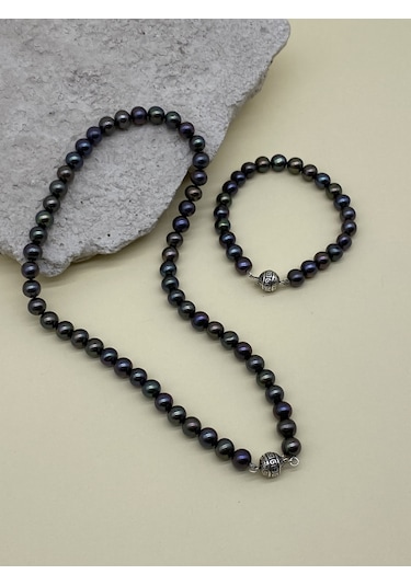 Siyah Doğal İnci Erkek Kolye Bileklik Set Gümüş