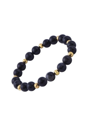 Siyah Akik Taşlı Sarı Metal Detaylı Bileklik