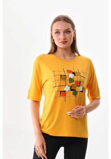 Sistas Kadın Kare Desenli Kısa Kol Bluz 23098 Sarı