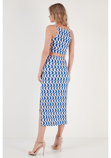 Lela Slim Fit Ip Askılı Yırtmaçlı Bayan Takım 5865278 Saks-Beyaz