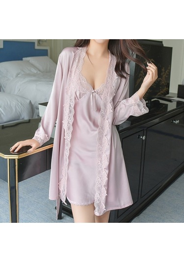 Sones 2'si 1 Arada Kadın Dantel İpek Askılı Gecelik + Hırka Gecelik Takımı Lotus Pembesi Pembe