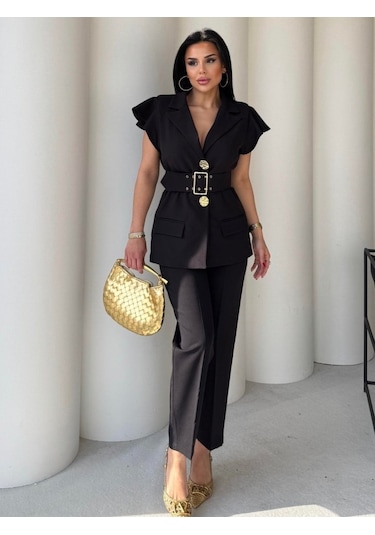 Modasize Vatkalı Yelek Pantolon İkili Takım Altın