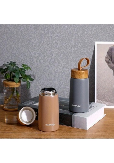 Gri Yaratıcı Ahşap Tahıl 304 Paslanmaz Çelik Yalıtımlı Bardak, Yaratıcı Vakumlu Su Bardağı, Sevimli Mini Büyük Göbek Kupası Gri