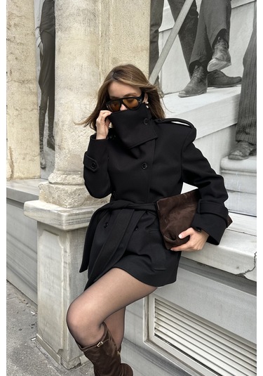 Siyah Ek Parça Yaka Detaylı Kaşe Kaban - 1125 Siyah