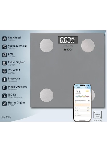 Sinbo Sbs-4469 Bluetooth Dijital Yağ Su Kas Vücut Kitle Endeksi Kilo Ölçer Tartı Baskül