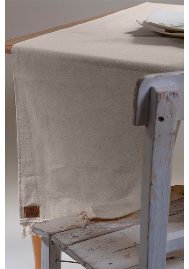 Vivamaison Düz Püsküllü Pamuk Kumaş Runner 45 x 150 Bej