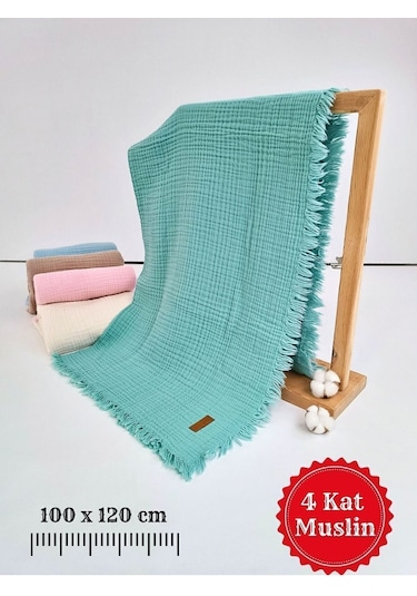 4 Kat Müslin Mint Yeşil Saçaklı Bebek Battaniyesi 100x120 Cm- %100 Pamuklu & Çok Amaçlı Battaniye Mint