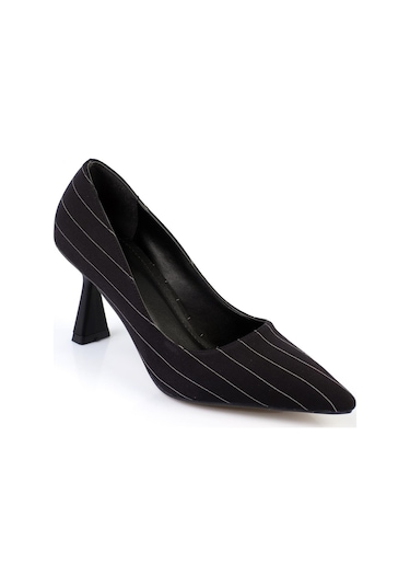 Shoetek Luana Kadın Stiletto Çizgili Kumaş Topuklu Ayakkabı Siyah Saten Siyah Saten