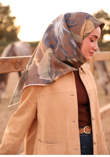 Silk Home Twill İpek Eşarp 11480-67 Kahverengi, İndigo, Fildişi, Yeşil, Gri