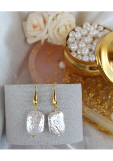 24k Altın Kaplama Gerçek Barok Kare Inci Tasarım Küpe Beyaz Gold