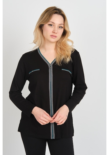 Detay Triko Kadın Süs Cepli Toka Detaylı Uzun Kol Anne Bluz 5717 Siyah Siyah