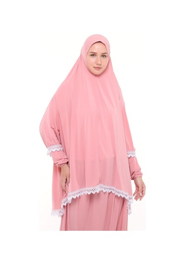 Kadın İki Parça Likra Sandy Kumaş Dantelli Kollu Namaz Elbisesi Pembe Antrasit