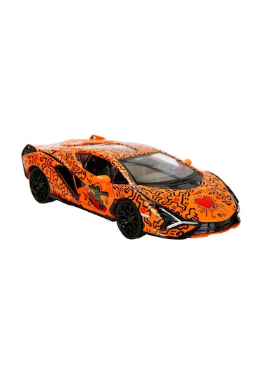 1:32 Sesli Ve Işıklı Rmz Hobby Keith Haring Serisi Die Cast Çek Bırak Model Araba - Turuncu Lamborgh