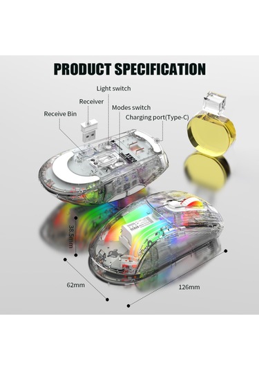 Reedark Xyh20  Bt5.0 2.4g Kablosuz  3 Modlu 2.4g Kablosuz Bt5.0 Ve Usb Kablolu Şeffaf Rgb