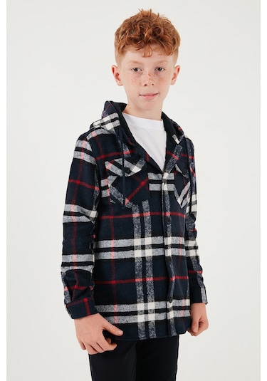 Lela Kapüşonlu Çift Cepli Ekoseli Oduncu Erkek Çocuk Gömlek Cf25W81786 Lacivert
