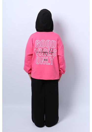 Kız Çocuk Kapşonlu Eşofman Takımı Baskılı İspanyol Paça C36 Pembe