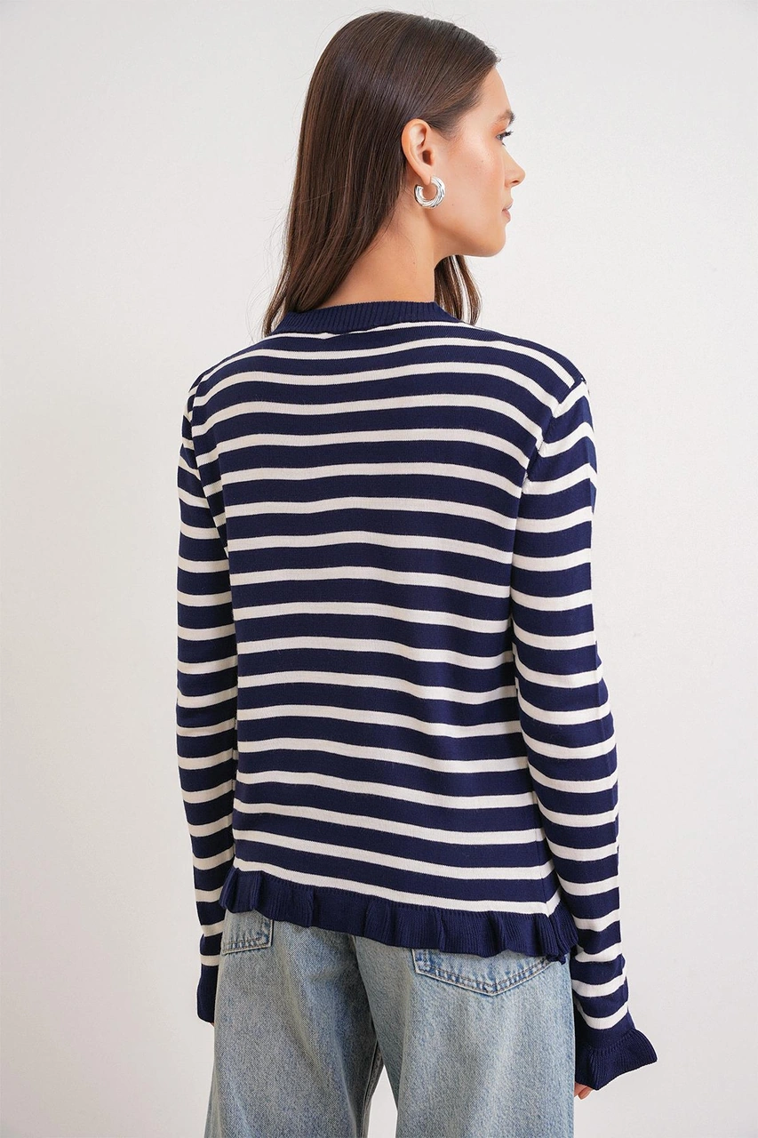 6965 Kadın Fırfır Detaylı Çizgili Triko Hırka Lacivert Lacivert