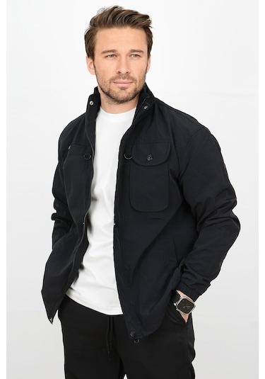 Erkek Regular Krinkıl Kumaş Yağmurluk Mont Siyah Edw082-siyah Siyah