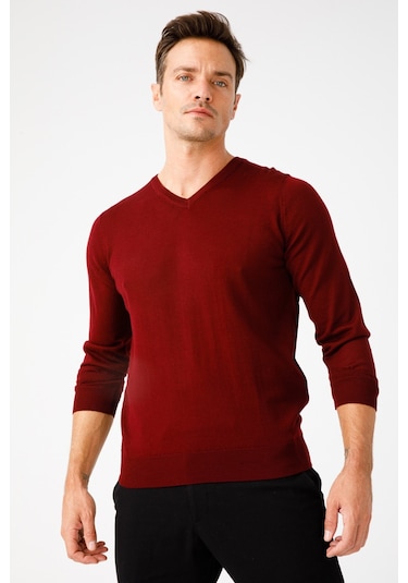 Desen Triko Erkek Basic V Yaka İnce Triko Kazak 02421602 Bordo