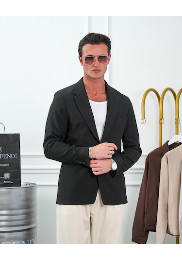 Modefendi Özel Seri %100 Gofre Kumaş İtalyan Kesim Modern Fit Ceket Siyah