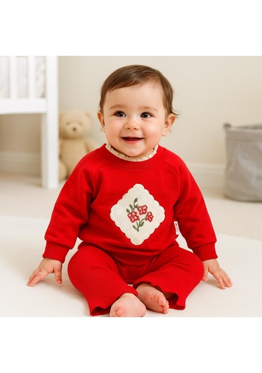 Kanaviçe Çiçek Detaylı Fitilli Tayt Mevsimlik 2 Parça Set Kırmızı