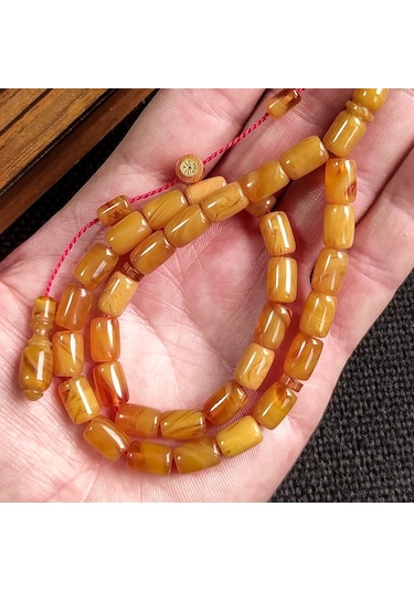 İmzalı 7X11 mm Sarı Hareli Sıkma Kehribar Tesbih Usta İşçilikli