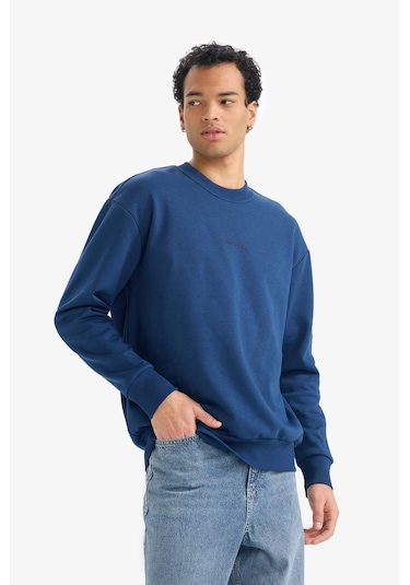 Defacto Boxy Fit Bisiklet Yaka İçi Yumuşak Tüylü Baskılı Sweatshirt X8282az25auın270 İndigo-ın270