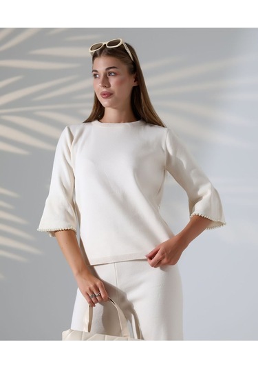 İnci Volanlı Kol Detaylı Triko Takım Taş