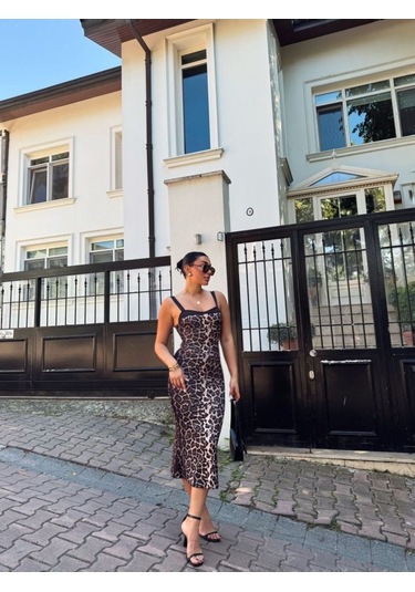 Kadın Dalgıç Kumaş Dijital Leopar Baskılı Midi Boy Elbise Çok renkli